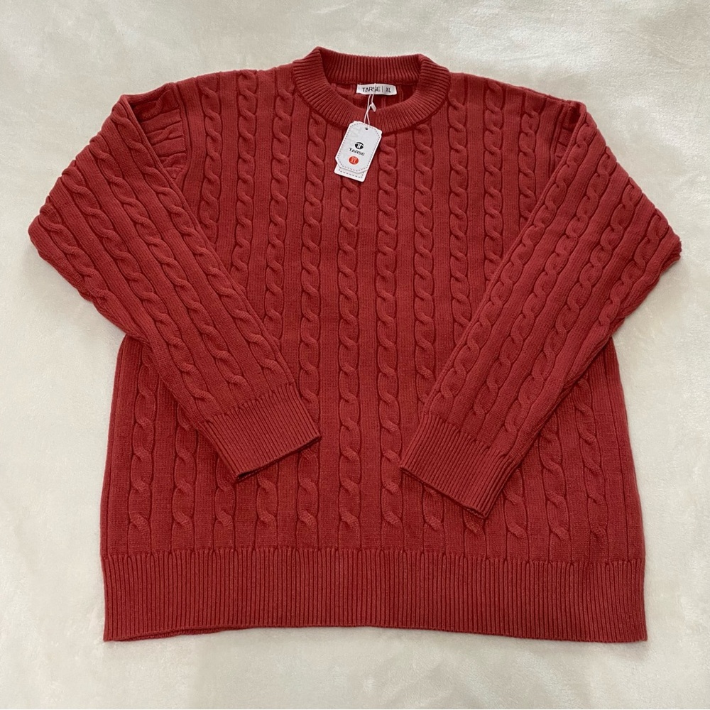Cable Knit Crew Neck Sweater - Red
